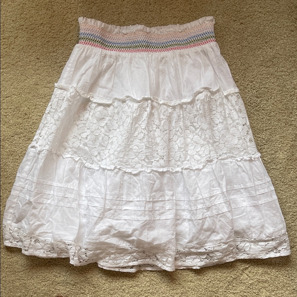 Boden White Tiered Lace Skirt with Rainbow Smocked Waist